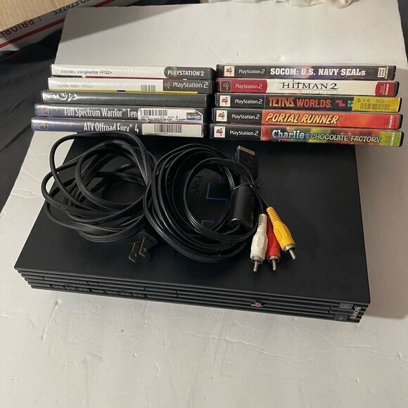 Sony PlayStation 2 PS2 Bundle with 10 Games Hitman 2 Socom Tetris Worlds Full Sp - Picture 1 of 10